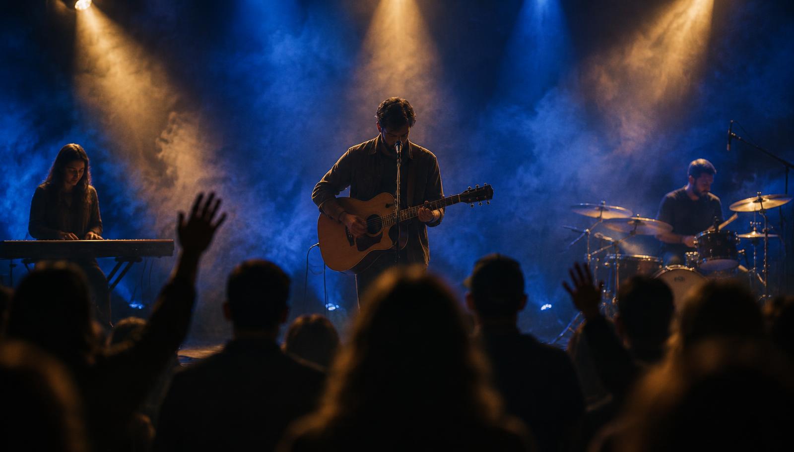 Cross & Crown leading worship with acoustic guitar, drums and keyboards on a hazy stage lit in blue and amber